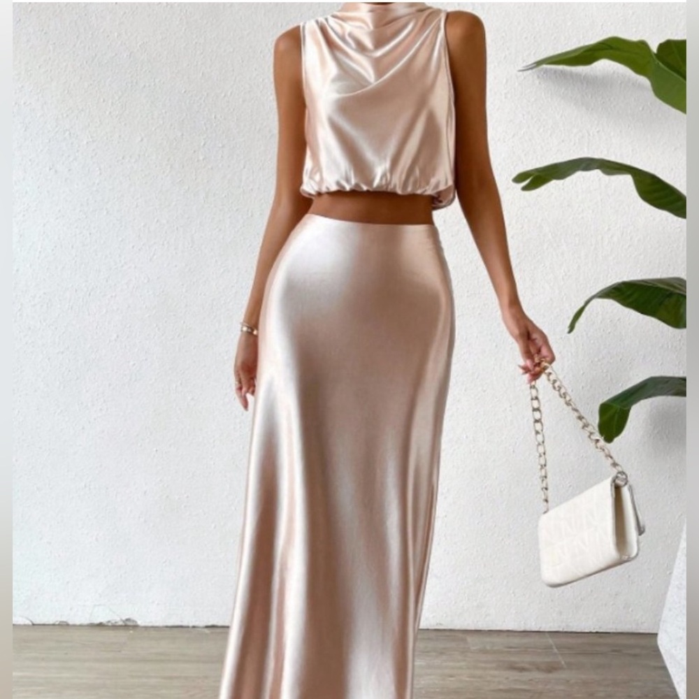 COPY - Brand new 2 Piece Set Satin Satin Champagne color Top Long Skirt Sets *s…